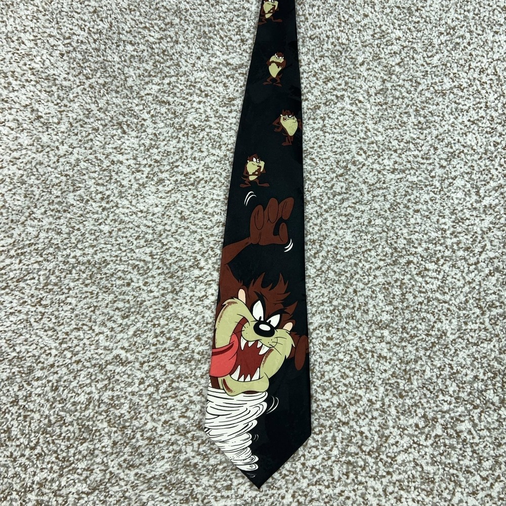 Vintage Looney Tunes Mania Tie Mens One Size Black Tasmanian Devil Cartoon 90s